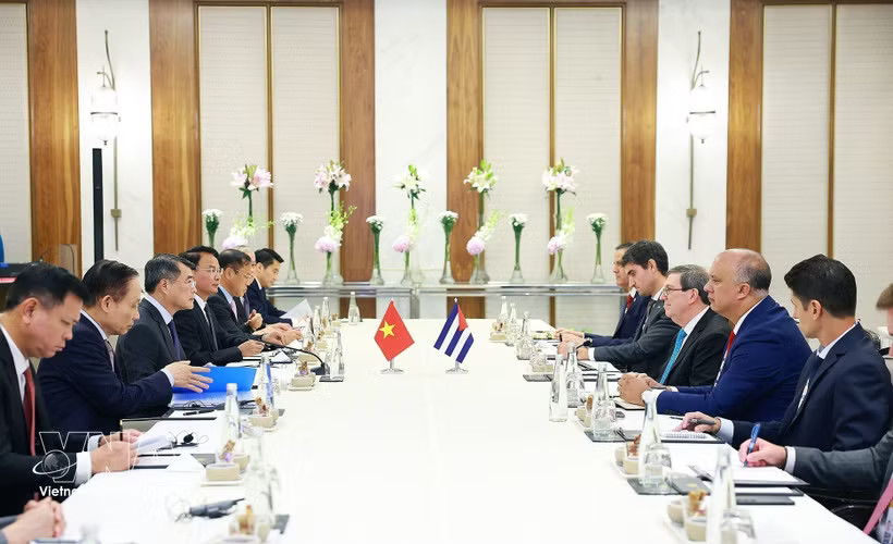 Prime Minister Le Minh Hung (third, left) meets with Bruno Rodriguez Parrilla, Politburo member and Minister of Foreign Affairs of Cuba, in New Delhi on September 12 (Photo: VNA)