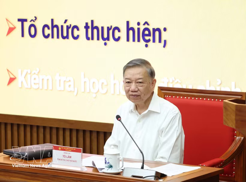 General Secretary of the Communist Party of Vietnam Central Committee and President To Lam delivers his thematic presentation at the Ho Chi Minh National Academy of Politics in Hanoi on September 14. (Photo: VNA)