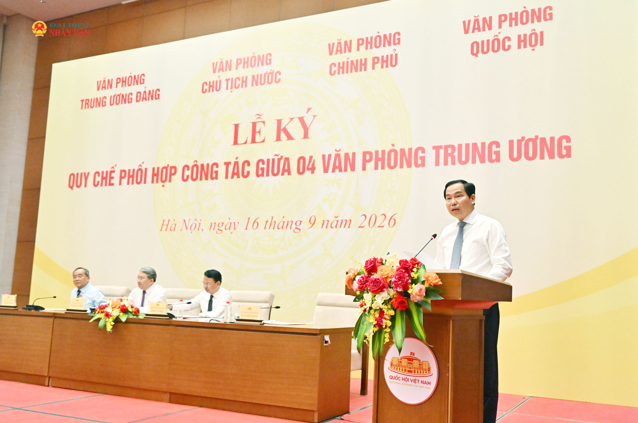 Tổng Thư ký Quốc hội, Chủ nhiệm Văn phòng Quốc hội Lê Quang Mạnh phát biểu tại Lễ ký Quy chế phối hợp công tác.