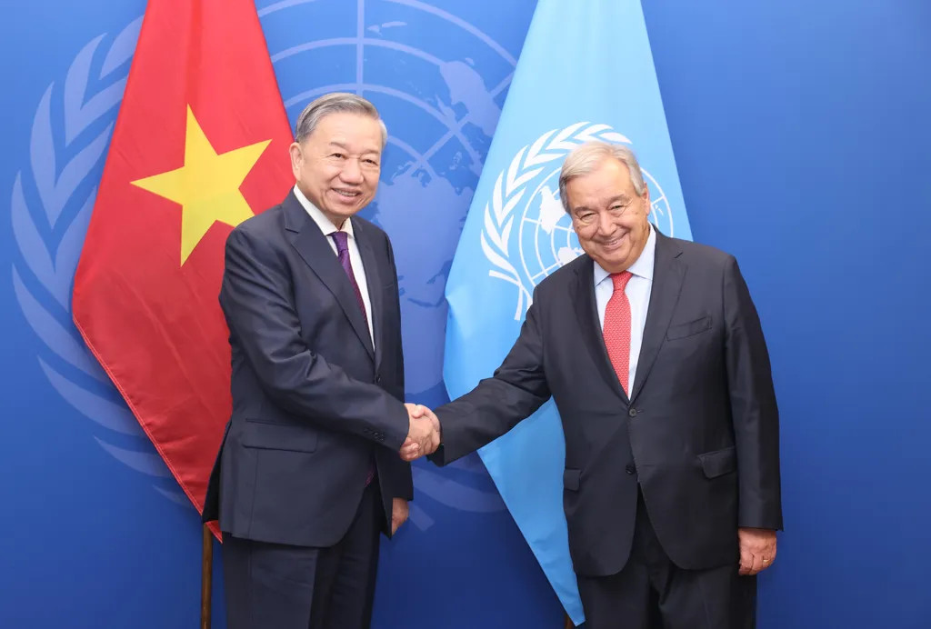 Tổng Bí thư, Chủ tịch nước Tô Lâm tiếp Tổng thư ký LHQ António Guterres tại New York, tháng 9/2024. Ảnh: VNA/VNS