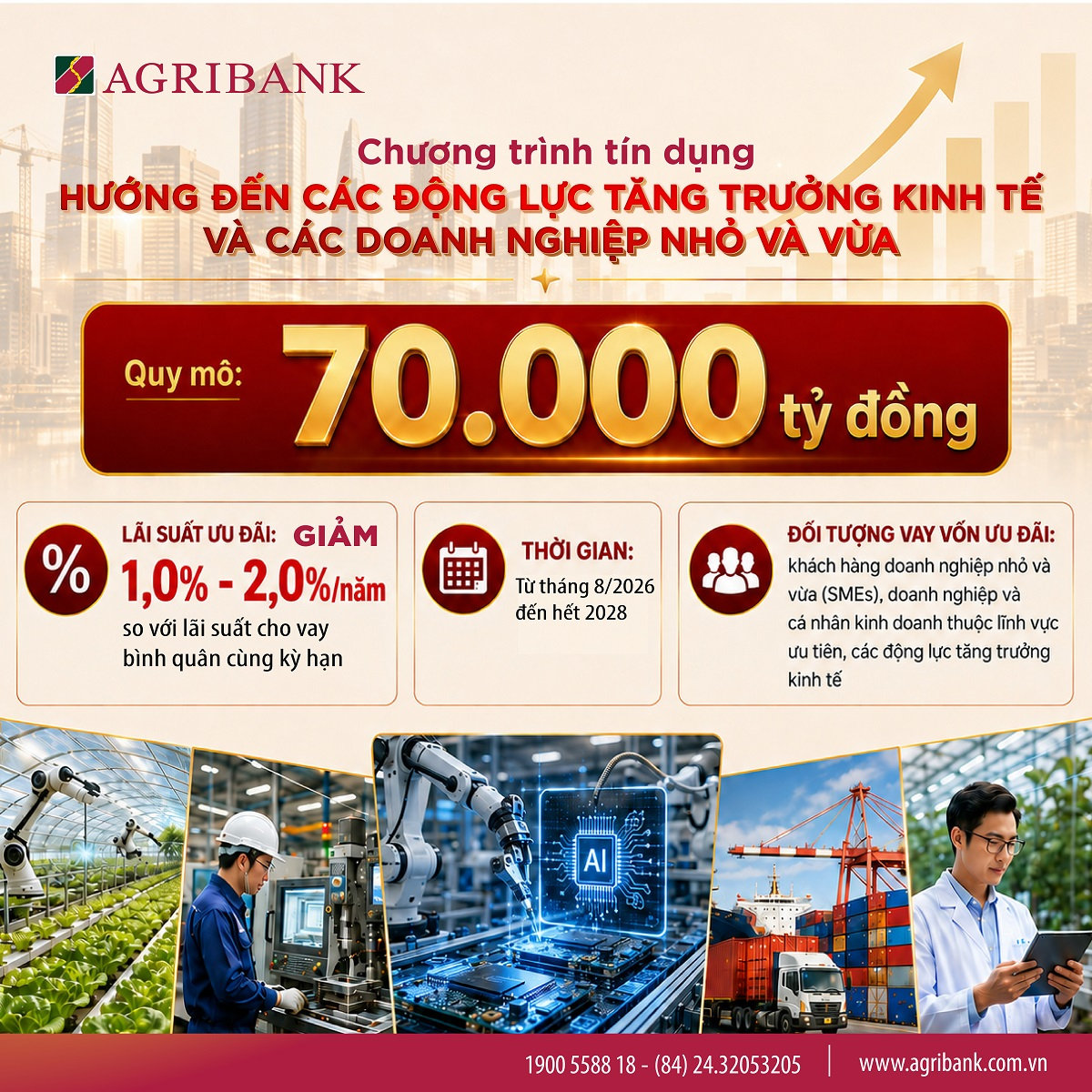 Agribank tiên phong triển khai chương trình tín dụng ưu đãi 70.000 tỷ đồng hướng đến các động lực tăng trưởng kinh tế và doanh nghiệp nhỏ và vừa.