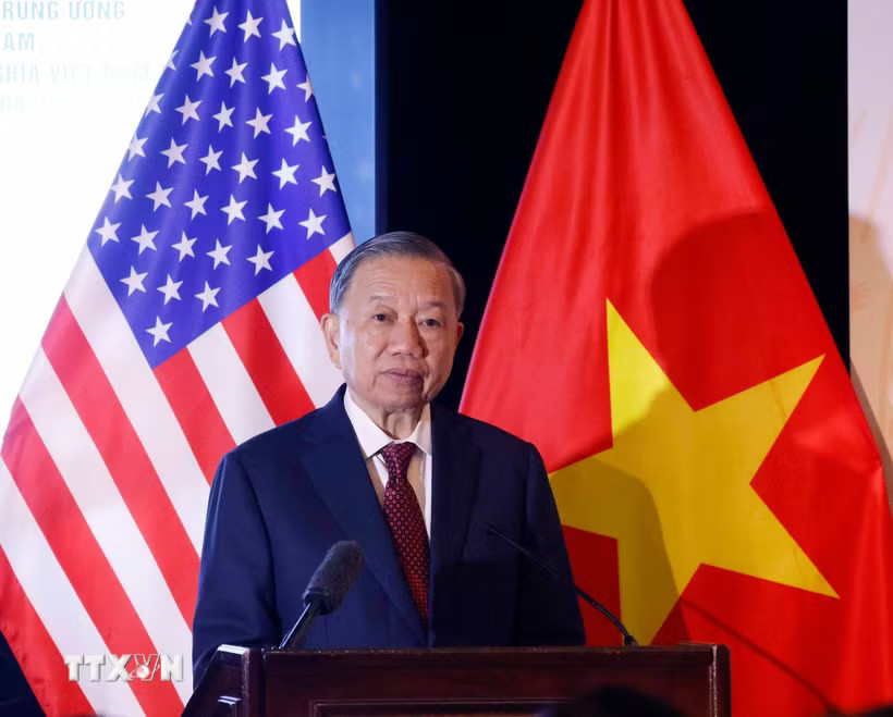 Tổng Bí thư, Chủ tịch nước Tô Lâm phát biểu tại cuộc gặp những người bạn Hoa Kỳ. (Ảnh: Thống Nhất/TTXVN)