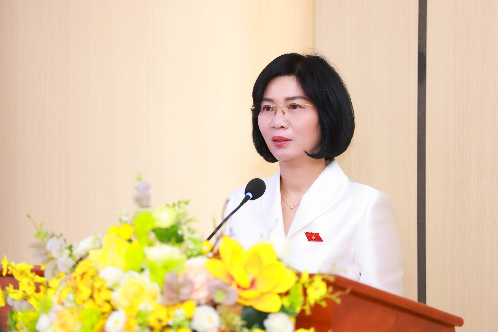 Chủ tịch HĐND thành phố, Phó Trưởng đoàn ĐBQH thành phố Hà Nội Phùng Thị Hồng Hà phát biểu tại hội nghị
