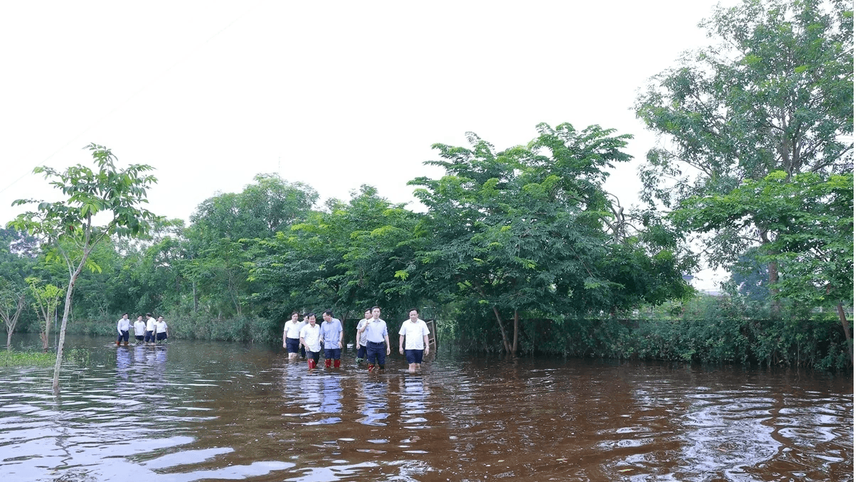 Ủy viên dự khuyết Trung ương Đảng, Phó Bí thư Thường trực Tỉnh ủy, Chủ tịch HĐND tỉnh Nguyễn Hồng Phong cùng đoàn công tác kiểm tra thực tế tình hình ngập úng sau lũ tại các trường học trên địa bàn xã Đồng Tiến