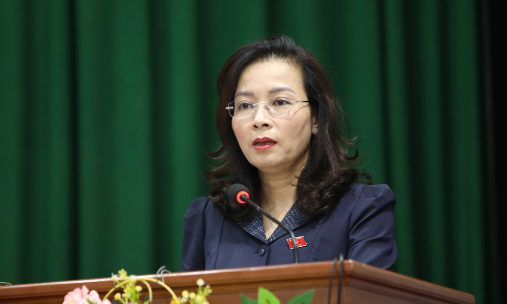 Phó Bí thư Thường trực Thành ủy, Trưởng Đoàn Đại biểu Quốc hội thành phố Nguyễn Thị Hương phát biểu tại hội nghị