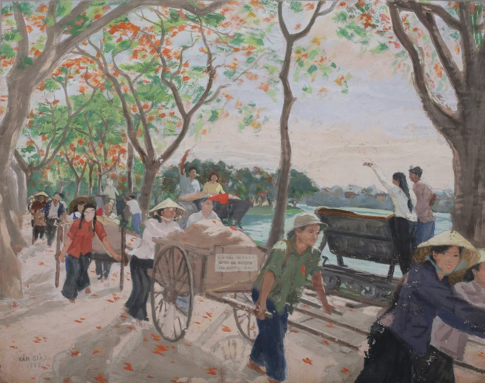 Tác phẩm Xây dựng đường Thanh niên 1959 tranh bột màu