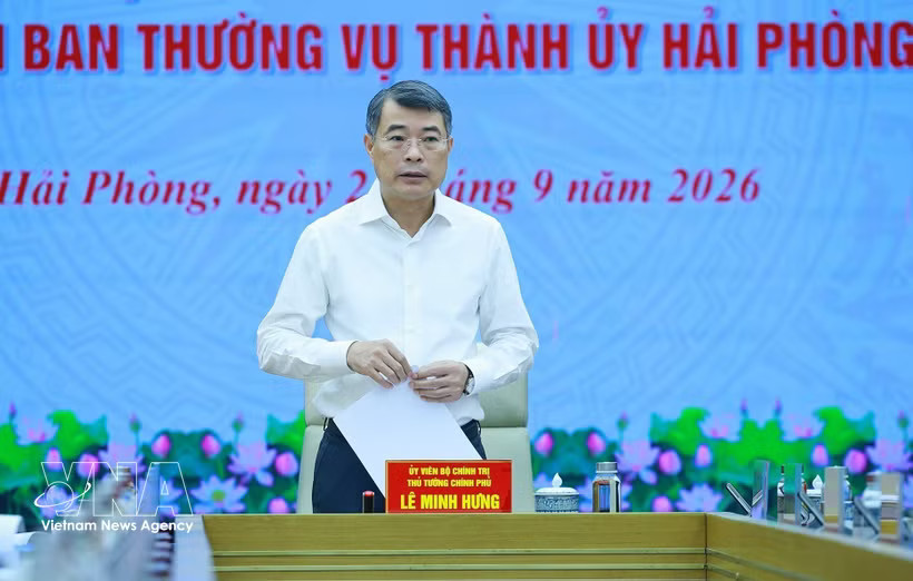 Prime Minister Le Minh Hung speaks at the conference to approve a draft report on the results of the third round of inspection and supervision of the Standing Board of the Hai Phong municipal Party Committee. (Photo: VNA)