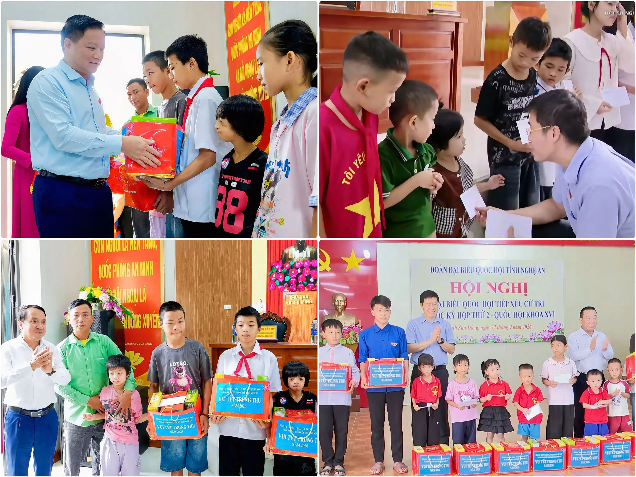 Trưởng Đoàn ĐBQH tỉnh Nguyễn Khắc Thận và các đại biểừ trao quà Trung thu cho thiếu nhi có hoàn cảnh khó khăn tại Thuần Trung và Anh Sơn Đông