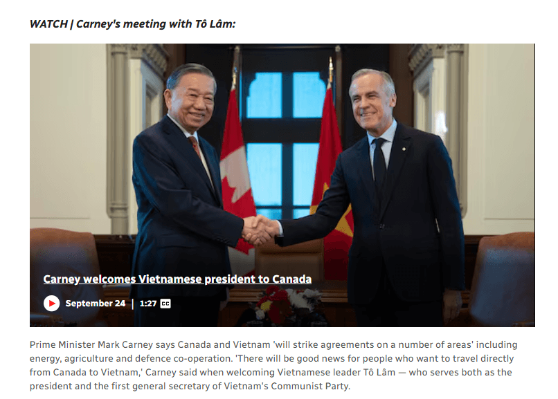 CBC News đăng tải video thông tin hội đàm giữa Tổng Bí thư, Chủ tịch nước Tô Lâm và Thủ tướng Canada Mark Carney