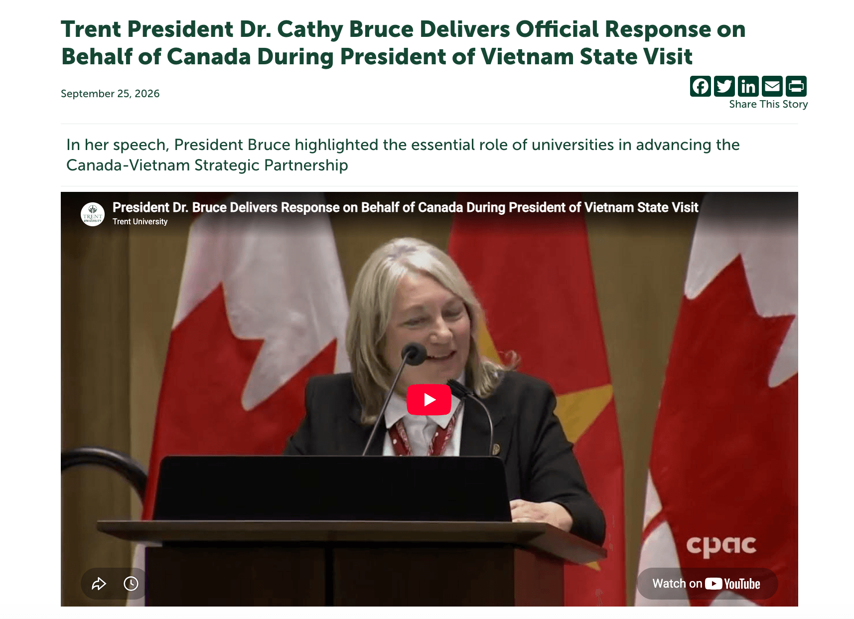 TS Cathy Bruce, Chủ tịch kiêm Phó Hiệu trưởng Đại học Trent, phát biểu đáp từ Tổng Bí thư, Chủ tịch nước Tô Lâm