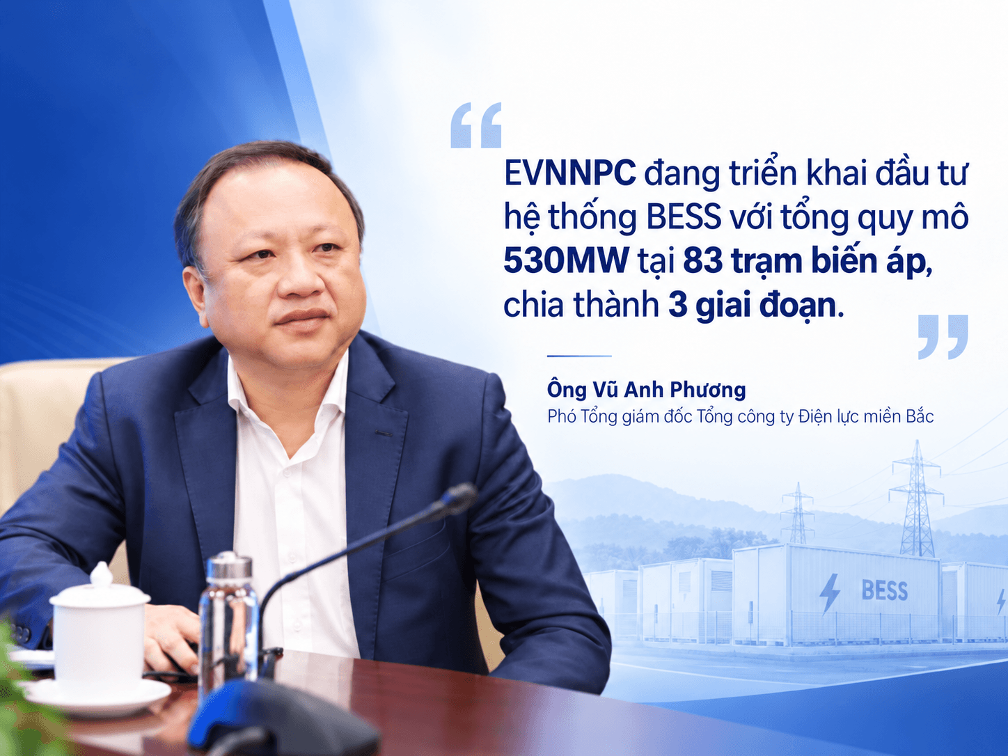 Ông Vũ Anh Phương - Phó Tổng giám đốc Tổng công ty Điện lực miền Bắc trao đổi về định hướng triển khai hệ thống pin lưu trữ năng lượng BESS trên lưới điện miền Bắc. Ảnh NPC