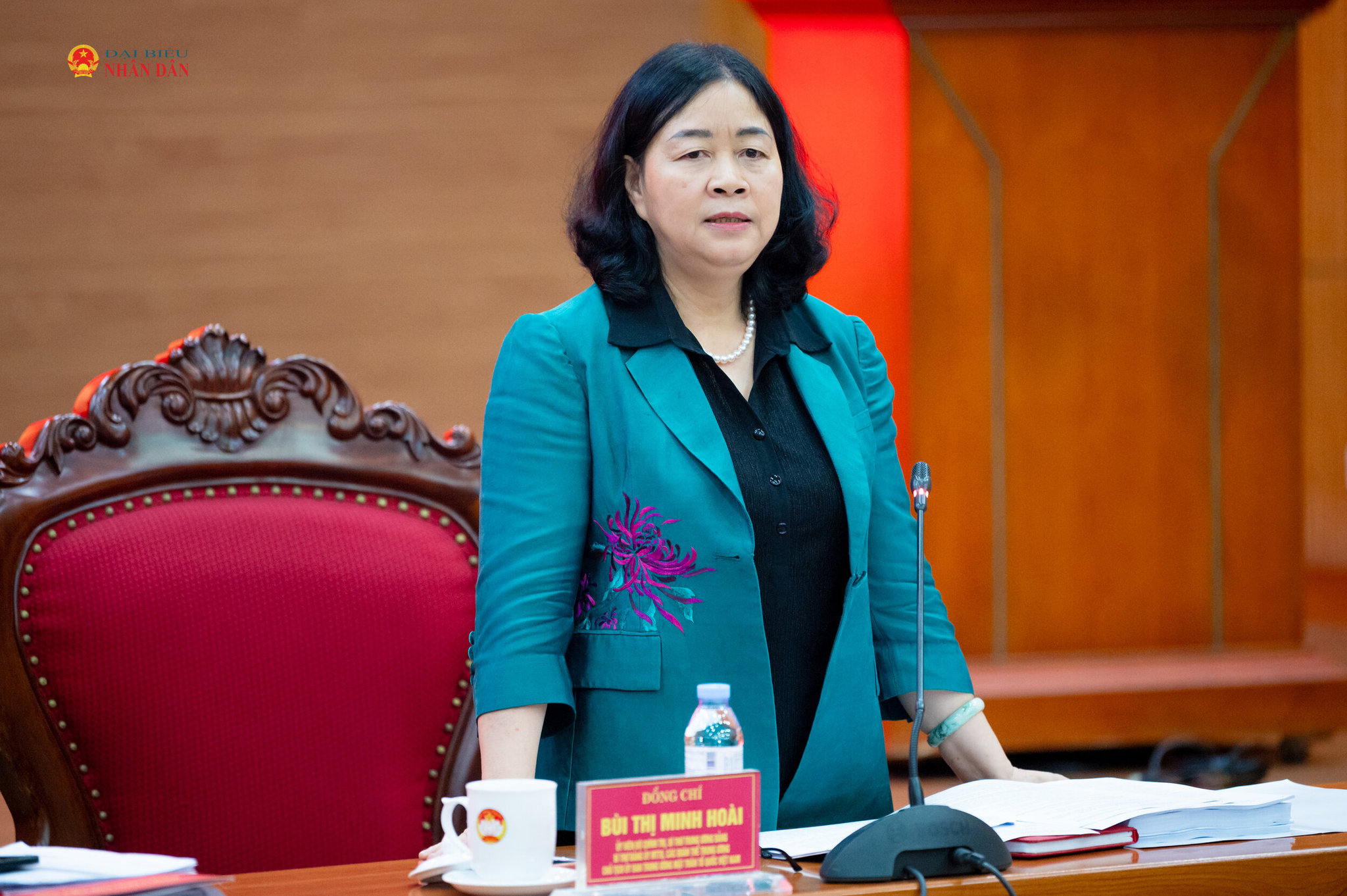 Ủy viên Bộ Chính trị, Bí thư Đảng ủy Mặt trận Tổ quốc, các đoàn thể Trung ương, Chủ tịch Ủy ban Trung ương Mặt trận Tổ quốc Việt Nam Bùi Thị Minh Hoài phát biểu