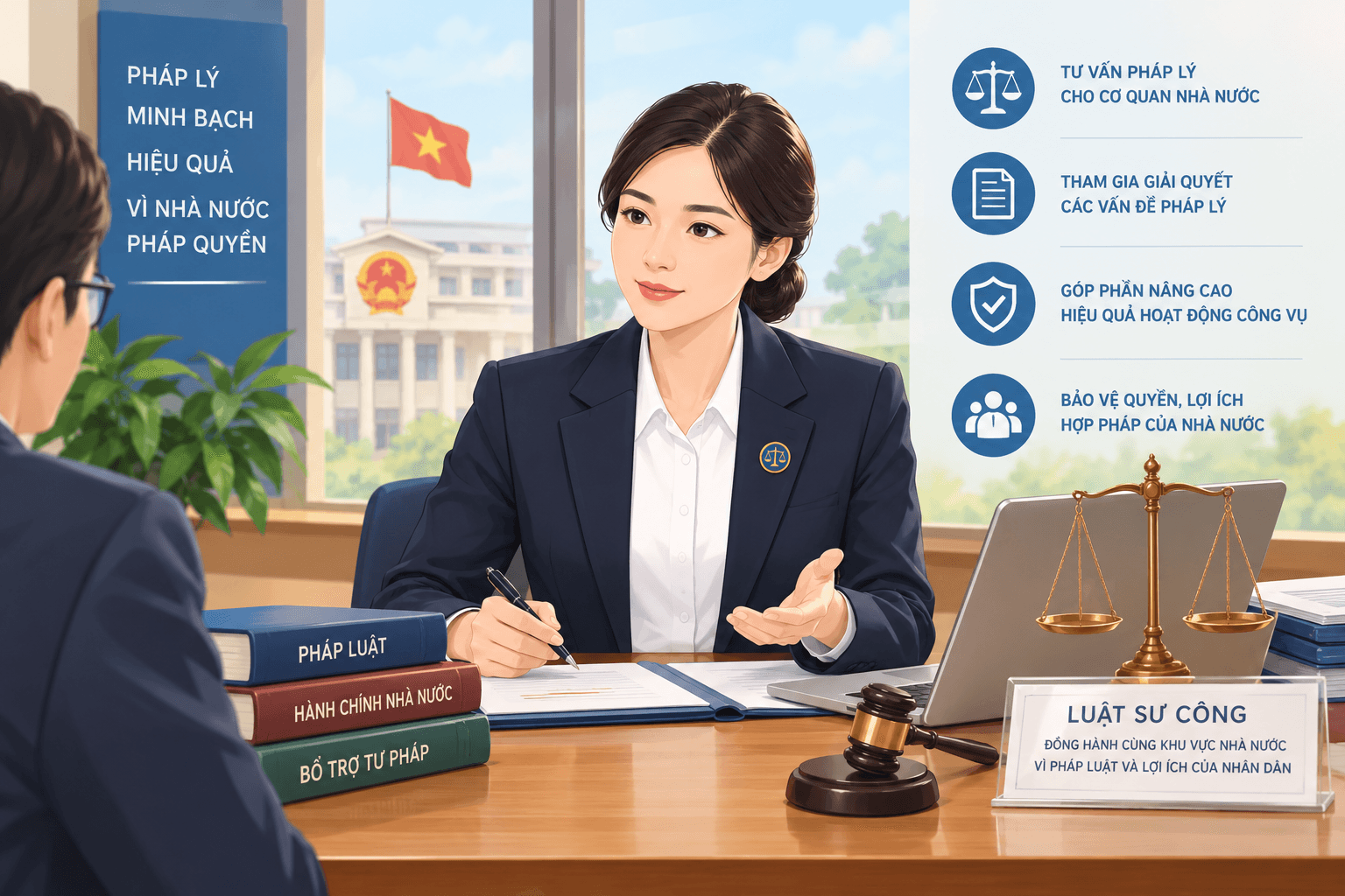 Chế định luật sư công là bước đột phá thể chế trong công tác bổ trợ tư pháp và nâng cao năng lực pháp lý cho khu vực công. Hình ảnh do AI tạo