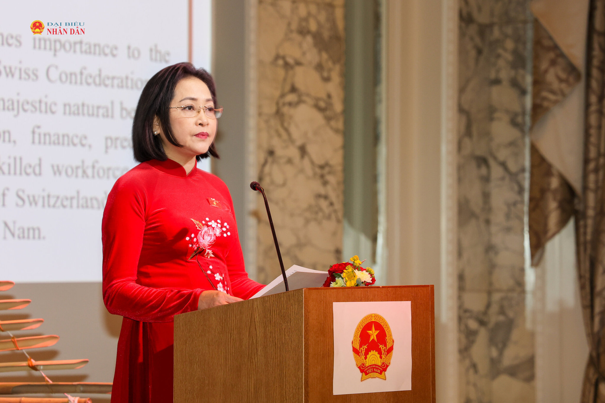 Phó Chủ tịch Quốc hội Nguyễn Thị Thanh phát biểu tại Lễ kỷ niệm 81 năm Quốc khánh nước CHXHCN Việt Nam và kỷ niệm 55 năm thiết lập quan hệ Việt Nam - Thuỵ Sĩ