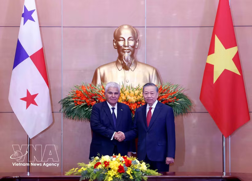General Secretary of the Communist Party of Vietnam Central Committee and President To Lam (right) and President of Panama José Raúl Mulino at their meeting in Hanoi on October 6. (Photo: VNA)