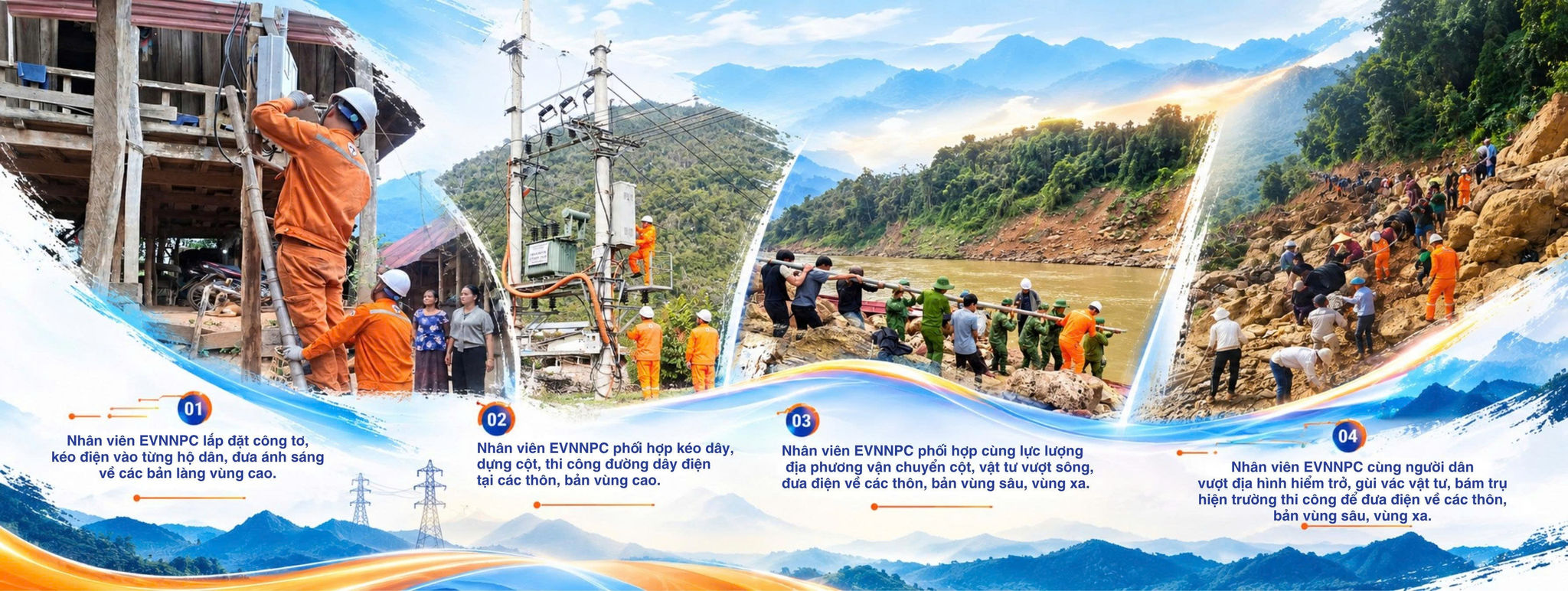 7- Ở nhiều nơi, địa hình hiểm trở, giao thông khó khăn, cán bộ, công nhân ngành điện phải vượt núi, băng rừng, lội suối, vận chuyển vật tư vào hiện trường. Ảnh NPC