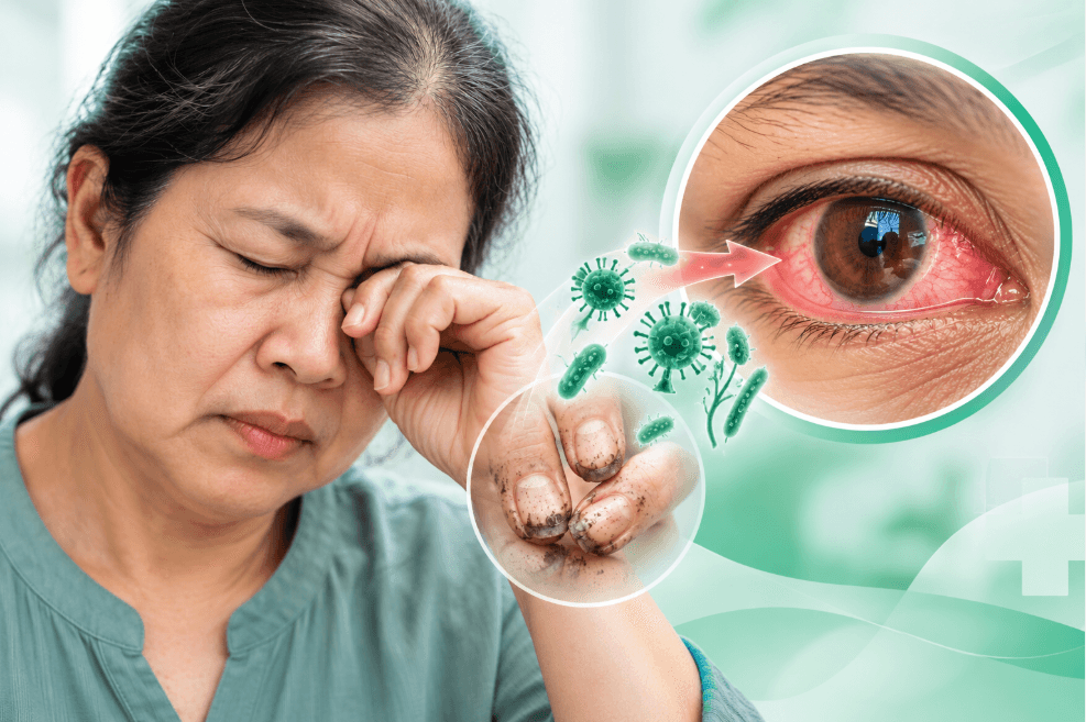 Việc dùng bàn tay có móng dài, bẩn để dụi mắt có thể vô tình làm xước kết mạc, giác mạc. Hình minh họa