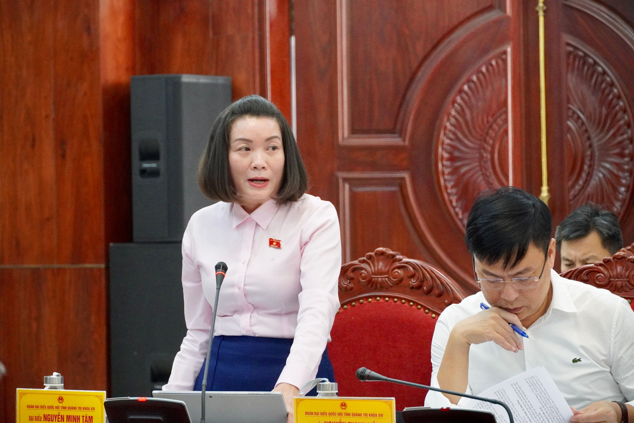 Phó Trưởng đoàn chuyên trách Đoàn ĐBQH tỉnh Quảng Trị Nguyễn Minh Tâm thông tin tại hội nghị