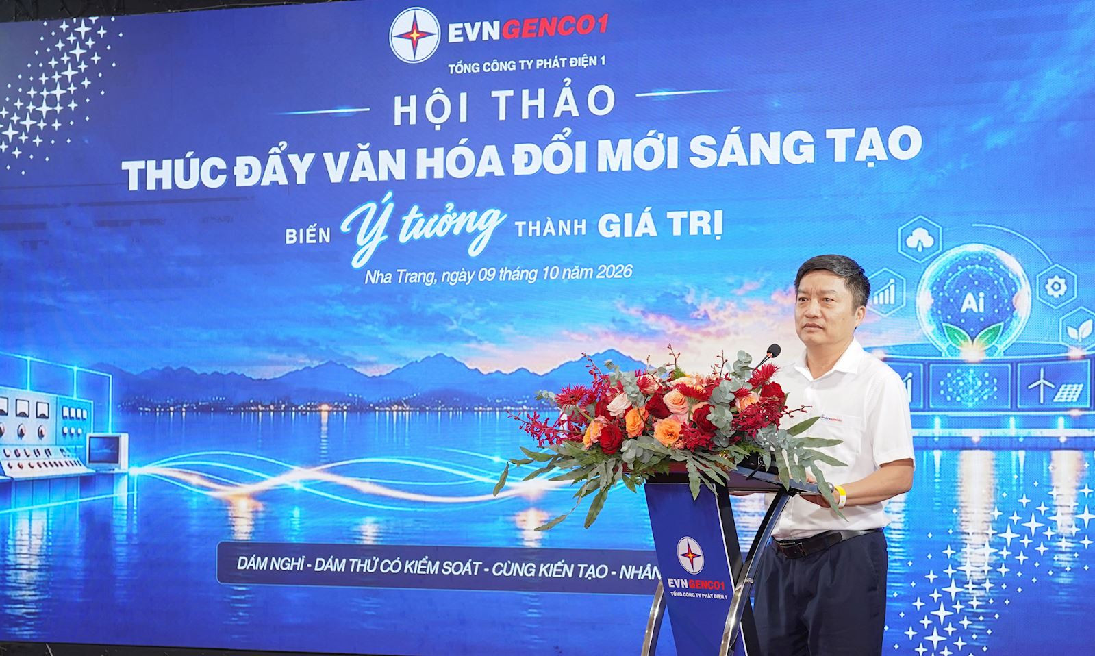 Chủ tịch Hội đồng thành viên EVNGENCO1, Trưởng ban Chỉ đạo khoa học công nghệ, đổi mới sáng tạo và chuyển đổi số Tổng công ty Nguyễn Tiến Khoa phát biểu