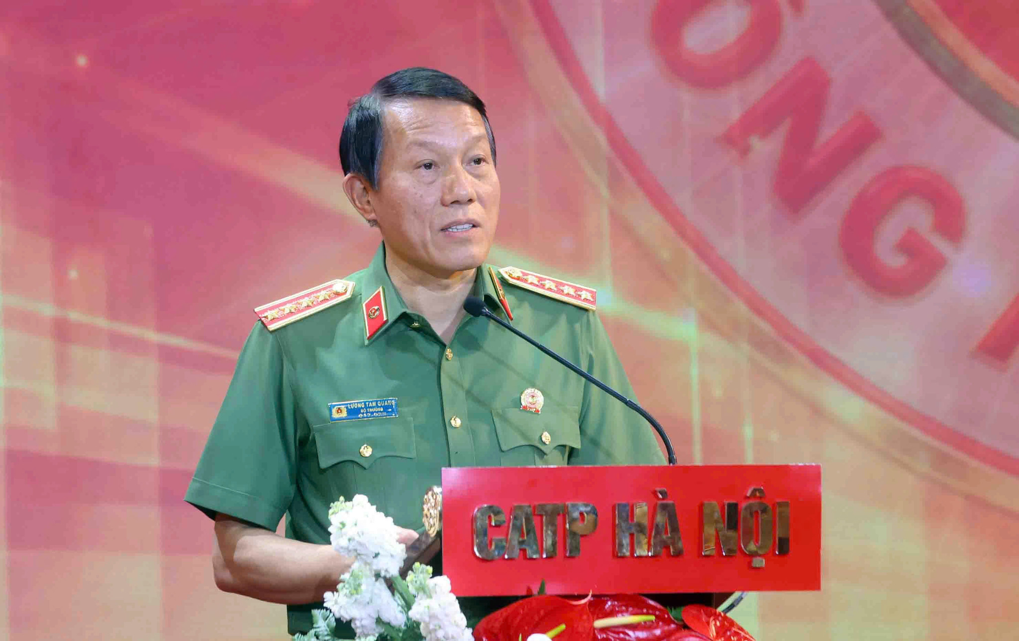 Bộ trưởng Bộ Công an, Đại tướng Lương Tam Quang, Chủ tịch Hiệp hội Thể thao Công an nhân dân phát biểu