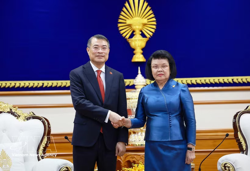 Prime Minister Le Minh Hung (left) meets with Cambodian National Assembly President Khuon Sudary in Phnom Penh on October 9. (Photo: VNA)