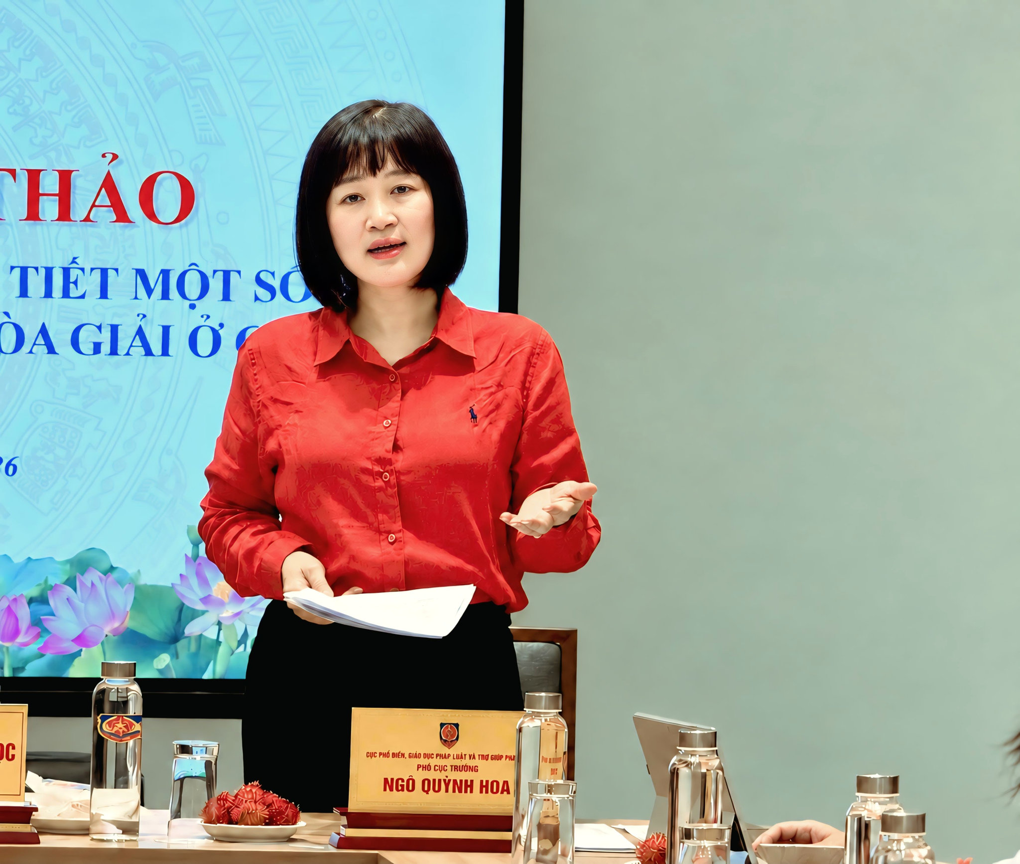 Phó Cục trưởng Cục Phổ biến, giáo dục pháp luật và Trợ giúp pháp lý Ngô Quỳnh Hoa phát biểu tại cuộc họp