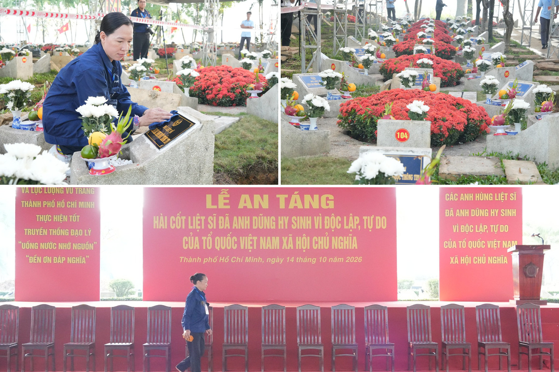 Các lực lượng có mặt từ 6h sáng ngày 14/10 để làm các công tác chuẩn Lễ an táng 731 liệt sĩ