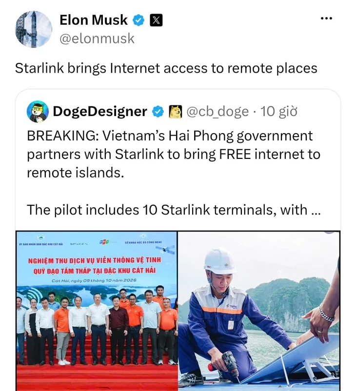 Tỉ phú Elon Musk chia sẻ trên mạng xã hội X bài viết về chương trình hợp tác giữa chính quyền Hải Phòng và Starlink nhằm đưa internet vệ tinh đến các đảo xa