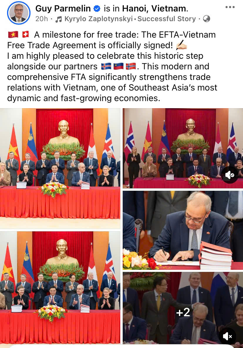 Tổng thống Guy Parmelin chia sẻ trên trang facebook cá nhân sự kiện chứng kiến lễ ký kết FTA Việt Nam - EFTA: ”Dấu mốc quan trọng đối với thương mại tự do: Hiệp định Thương mại tự do EFTA - Việt Nam chính thức được ký kết! Tôi rất vui mừng được cùng các đối tác chào đón bước tiến lịch sử này. Hiệp…