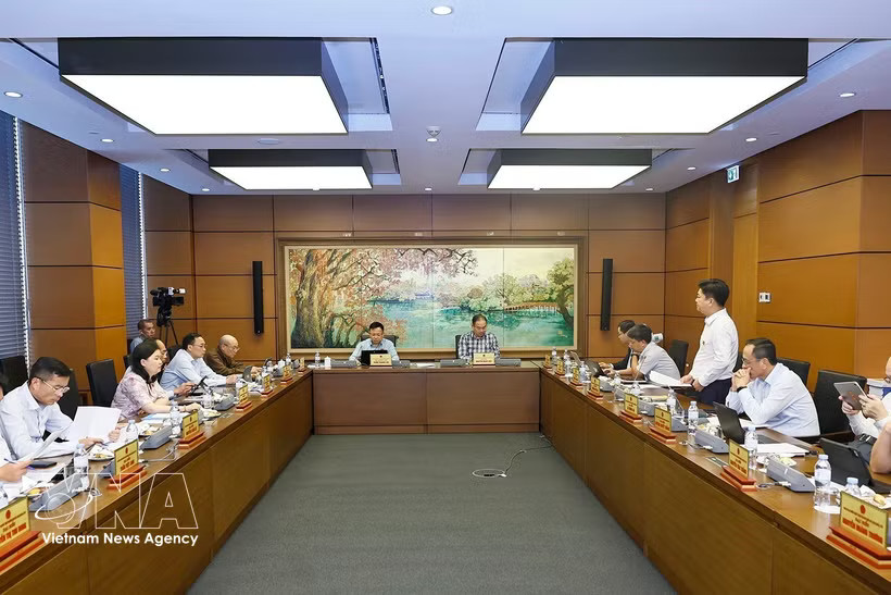 Members of the Hanoi delegation of National Assembly deputies discuss in a group the draft revised Penal Code. (Photo: VNA)