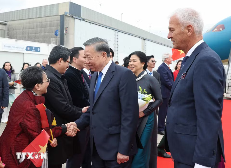 Cán bộ, nhân viên Đại sứ quán và cộng đồng người Việt Nam đón Tổng Bí thư, Chủ tịch nước Tô Lâm và Phu nhân Ngô Phương Ly tại Sân bay quân sự Melsbroek, Brussels