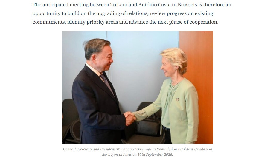 Tổng Bí thư, Chủ tịch nước Tô Lâm và Chủ tịch Ủy ban châu Âu Ursula von der Leyen tại Paris ngày 10/9/2026. Ảnh trên EU Today