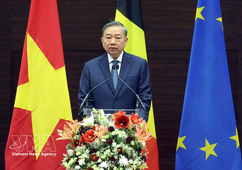 General Secretary of the Communist Party of Vietnam Central Committee and President To Lam gives a policy speech at Egmont – The Royal Institute for International Relations in Brussels on October 23, 2026. (Photo: VNA)