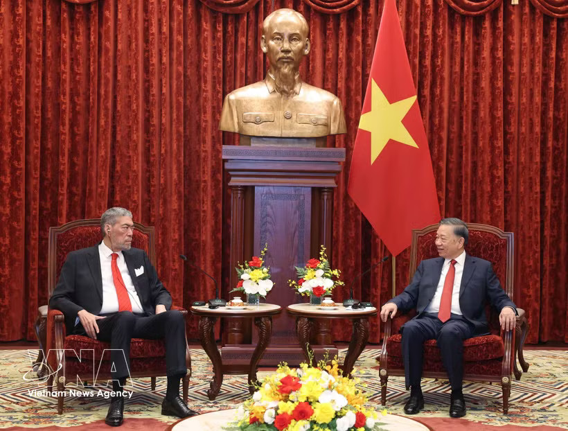 General Secretary of the Communist Party of Vietnam (CPV) Central Committee and President To Lam (right) and Miguel Mejia, Secretary General of the United Left Movement (MIU) Party of the Dominican Republic at their meeting in Hanoi on October 26 (Photo: VNA)