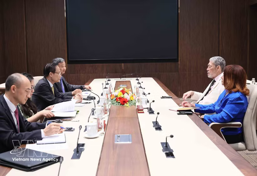 Member of the Communist Party of Vietnam (CPV) Central Committee's Political Bureau and Minister of Foreign Affairs Le Hoai Trung holds talks with Miguel Mejia, General Secretary of the United Left Movement (MIU) of the Dominican Republic. (Photo: VNA)