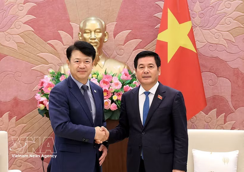 Vice President of the Vietnamese National Assembly Nguyen Hong Dien (right) receives Bok Gi-wang, vice head of the Korean National Assembly's Land, Infrastructure and Transport Committee in Hanoi on October 30, 2026. (Photo: VNA)