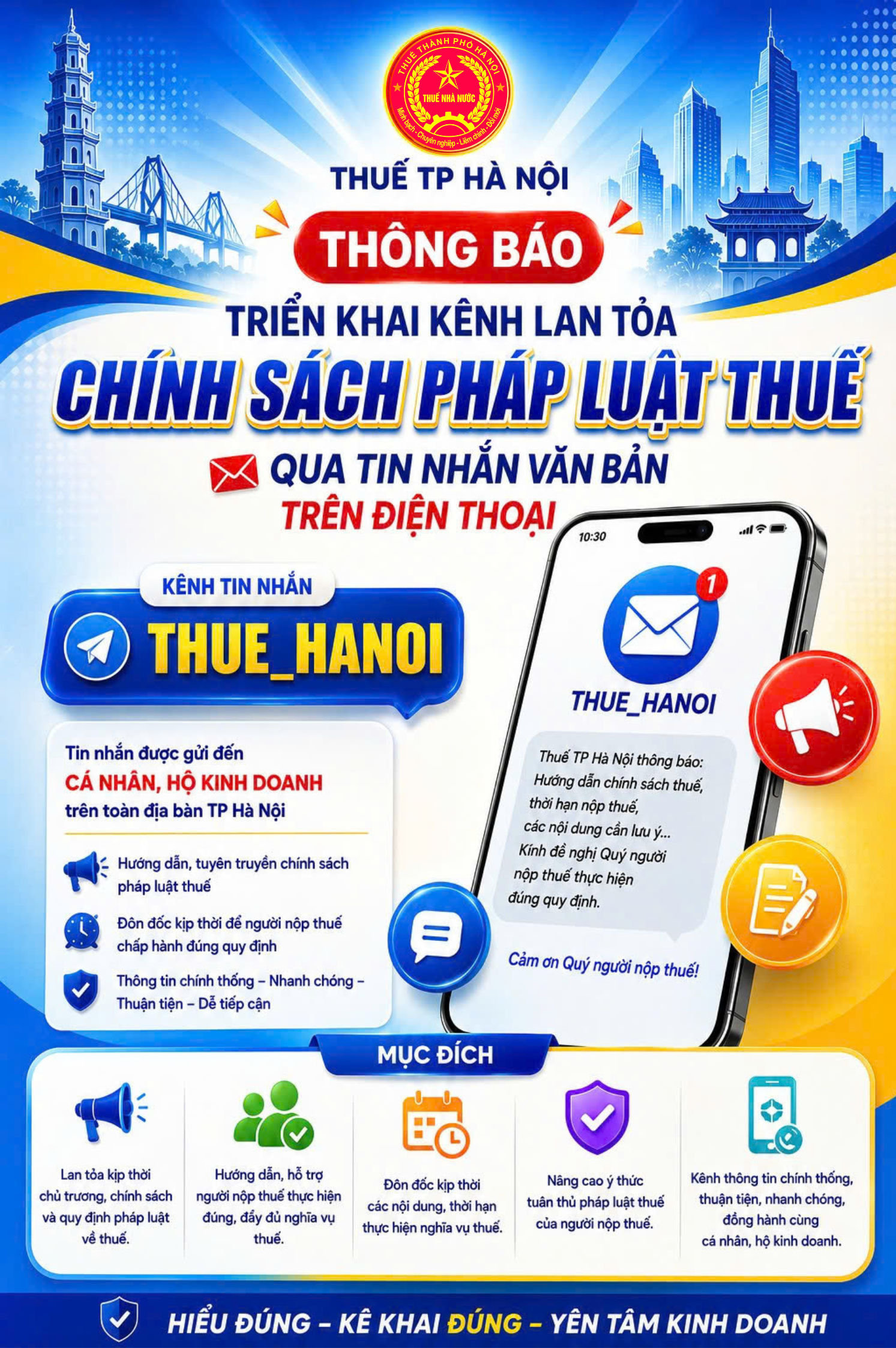 Thuế thành phố Hà Nội triển khai kênh tin nhắn văn bản trên điện thoại với tên hiển thị “THUE_HANOI”