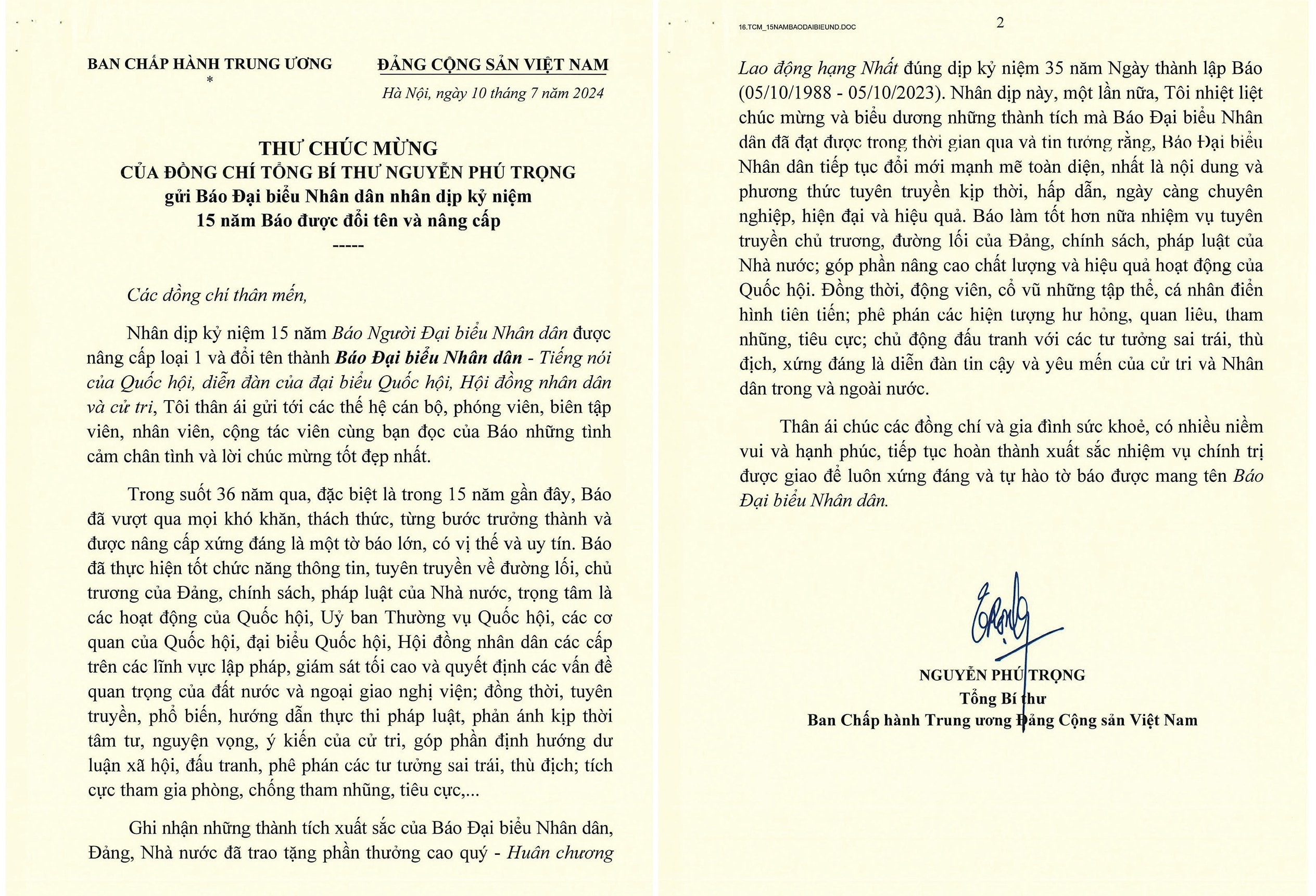 Bức thư thăm hỏi và chúc mừng thứ tư của cố Tổng Bí thư Nguyễn Phú Trọng