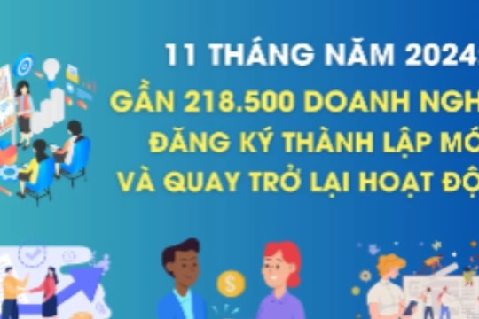 Hơn 218,5 nghìn doanh nghiệp thành lập mới và quay trở lại hoạt động trong 11 tháng năm 2024