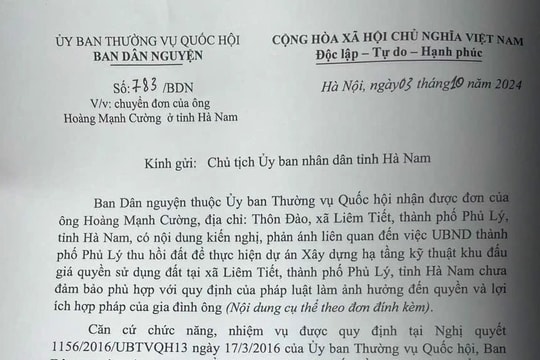 Ban Dân nguyện Quốc hội đề nghị làm rõ đơn thư của người dân liên quan việc thu hồi đất của UBND TP Phủ Lý