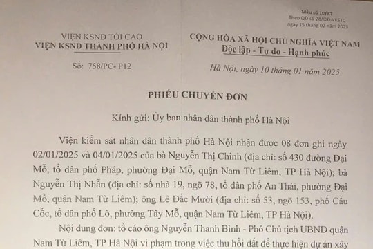 Văn phòng cơ quan CSĐT Bộ Công an, VKSND TP Hà Nội chuyển đơn đề nghị giải quyết theo quy định pháp luật