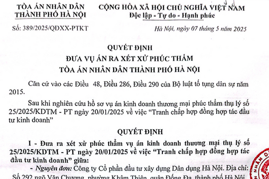 Chuẩn bị xét xử phúc thẩm vụ án kinh doanh thương mại theo đơn kháng cáo của Công ty cổ phần đầu tư và xây dựng Cầu đường Hà Nội