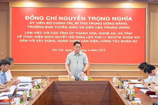 Trưởng Ban Tuyên giáo và Dân vận Trung ương Nguyễn Trọng Nghĩa làm việc với Tỉnh ủy các tỉnh Thanh Hóa, Nghệ An, Hà Tĩnh