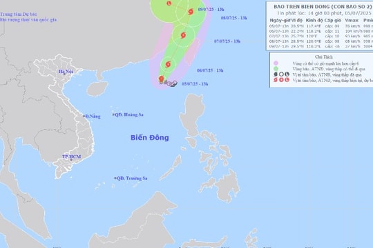 Bão số 2 giật cấp 11 di chuyển theo hướng Bắc Biển Đông