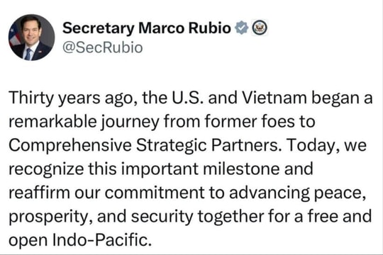 Ngoại trưởng Marco Rubio ca ngợi "hành trình đáng chú ý" trong quan hệ Mỹ - Việt