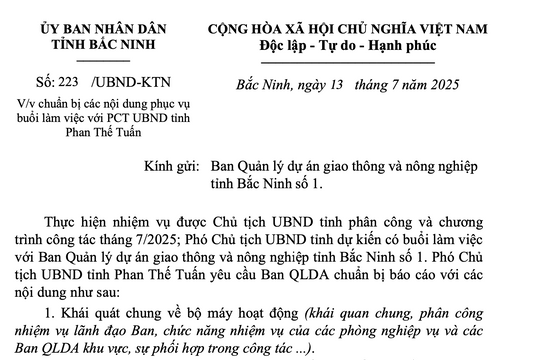Yêu cầu Ban Quản lý dự án giao thông và nông nghiệp tỉnh Bắc Ninh số 1 chuẩn bị nhiều nội dung phục vụ buổi làm việc với lãnh đạo tỉnh