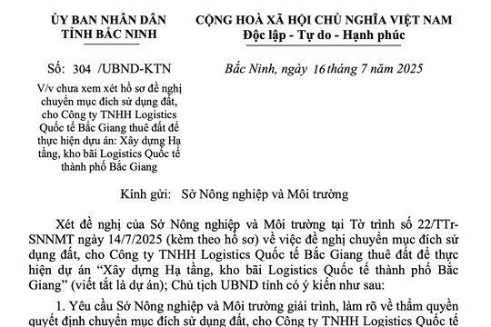 Chủ tịch tỉnh Bắc Ninh yêu cầu làm rõ các nội dung liên quan đề nghị cho Công ty TNHH Logistics Quốc tế Bắc Giang thuê đất