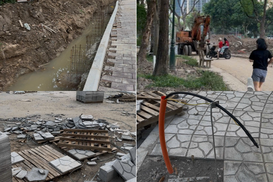 Công trường cải tạo công viên Cầu Giấy đang ngổn ngang, người dân tận dụng khoảng không tập thể dục