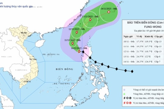 Bão FUNG-WONG giật cấp 16, di chuyển trên khu vực Biển Đông, trở thành cơn bão số 14