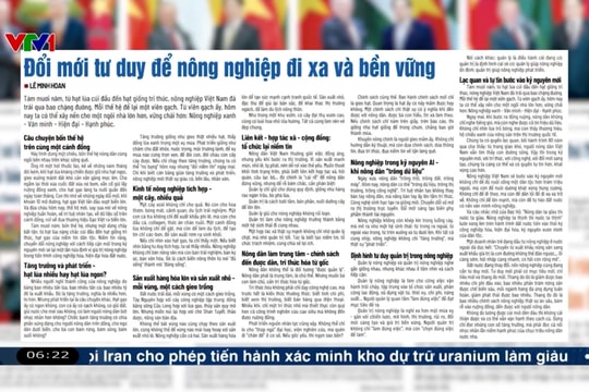 Điểm báo VTV1: Đổi mới tư duy để nông nghiệp đi xa và bền vững